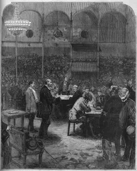 Greve des cochers de charres de Paris i 1878: valg af delegerede til selskabet Petites Cars (Petite-Cars) i Fernando-cirkuset. Indgravering i "" Le Monde Illustré"" nr. 1116 af 17. august 1878.