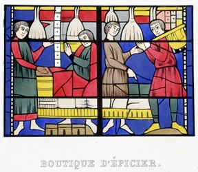 Købmandsbutik. Faksimile af et farvet glas fra middelalderen i "Histoire de la peinture sur verre"" af Ferdinand de Lasteyrie