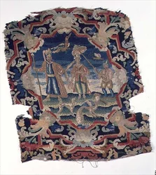 Gros point og petit point sædebetræk af tre østeuropæiske figurer og fugle, midten af 1700-tallet (detaljer)