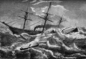 Borgerkrig eller amerikansk borgerkrig (1861 - 1865): sænkning af ""Monitor"", slagskib fra den føderale hær, den 31. december 1862 i Welmington (South Carolina). Indgravering i ""Le Monde Illustre"" nr. 304 af 7. januar 1863.