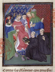 Guillaume de Nangis (d.1300 eller 1303) præsenterer sin bog til Philippe IV le Bel, konge af Frankrig fra 1285-1314 (vellum) (detaljer fra 239257)
