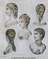 Frisurer, illustration fra Le Moniteur de la Coiffure, 10. december 1879 (farvegravering)