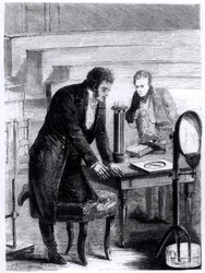 Hans Christian Ørsted (1777-1851) opdagede magnetnålens afvigelse ved lukket strøm i 1820, fra Les Merveilles de la Science af Louis Figuier (1819-94), 1867