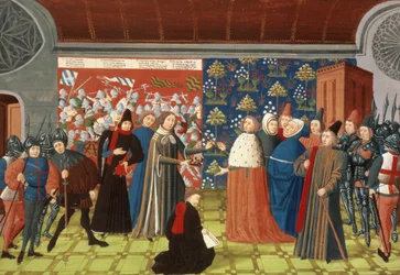Harl.4380 f.184v Richard II giver kronen til jarlen af Derby, fra Froissarts Chronicle, Vol IV (vellum)