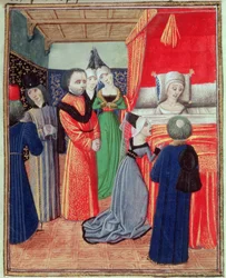 Harl 4380 f.22 Død af dronning Anne af Bøhmen, kone til Richard II, forårsaget af pesten, fra Froissarts Chronicle, Vol IV (vellum)
