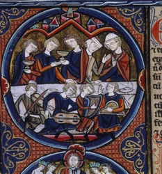 Harley 1527 fol.36v Banket med musikere, fra 