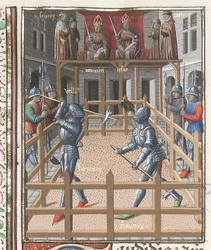Harley 4375 f.171v, To riddere, der kæmper med med pollaxes, fra 