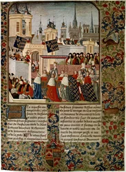 Harley 4379 f.3 Dronning Isabellas, fremmedgjorte ægtefælle af Edward II (1284-1327) indtog i Paris i 1325, henrettet af Jean Froissart (c.1333-c.1404) for historikeren Philippe de Comines (1445-1509) ( vellum)