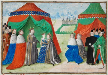 Harley 4380, fol.89 Richard II møder sin barnebrud, Isabel af Frankrig, fra Froissart Chronicles
