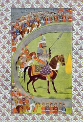 Han holdt sin lanse og sit skjold, illustration fra The Arabian Nights, 1895 (farvegravering)