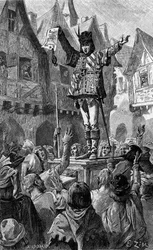 Han holdt en rulle i hånden. Gravering, der illustrerer romanen "Pour la patrie! "" af Josephine Colomb. I "Le Journal de la jeunesse"