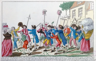 Lederne af to af Kings vagter dræbt den 5. oktober 1789 i Versailles af den parisiske pøbel bliver båret i triumf til Paris