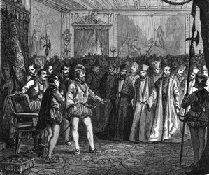 Henri IV før forsamlingen af notabler i Rouen. I "" Histoire Populaire de la France"", sd. ca. 1885. Stik.