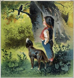 Henri observerer en solsort på en gren i skoven og vender tilbage til sit liv, hvis han var en fugl. Kromolitografi fra "" Childhood Scenes"" udg. Guerin - Muller omkring 1885.