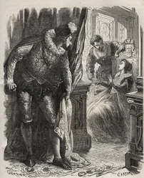 Henry (Henry) Stuart dit Lord Darnley (1545-1567) overraskede sin kone, dronning Mary (Mary) Iere Stuart (1542-1587), med sin private sekretær, David Rizzio (d. 1566). Indgravering fra 1871 i "Histoire Des Cocuses Celebres"" af Henry de Kock (1819-1892).