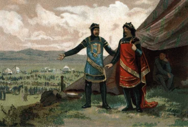 Henrik I, konge af Frankrig (1008-1060) modtog hertugen af Normandiet Robert Djævelen (også kendt som Le Magnifique) og forsynede ham med en hær til at genvinde sit kongerige. Kromolitografi omkring 1890.