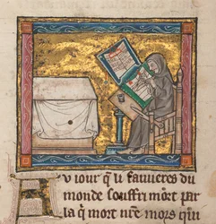 Eremit skriver ved et skrivebord, miniature fra "Estoire del Saint Graal, La Queste del Saint Graal, Morte Artu", ca. 1315-25 (blæk på pergament)