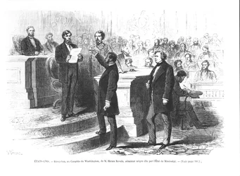 Hiram Revels, den første sorte senator fra staten Mississippi, aflægger ed i Kongressen i Washington