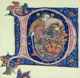 Historik initial D, der forestiller en mand, der holder en vinstok