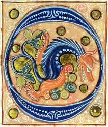 Historik initial O, der forestiller en griffin