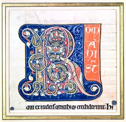 Historiseret bogstav "R" med et fletmønster med fantasidyr, fra Bibelen fra Saint-Andre aux-Bois