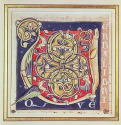 Historikert initial U, der viser et sammenflettet mønster og fantastiske dyr, fra Bibelen fra Saint-Andre aux-Bois