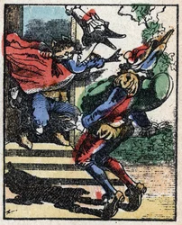 Dr. Pulcinellas (Polichinelle) historie. Træstik af Imaging Pellerin - Epinal, sd. Slutningen af det 19. århundrede.