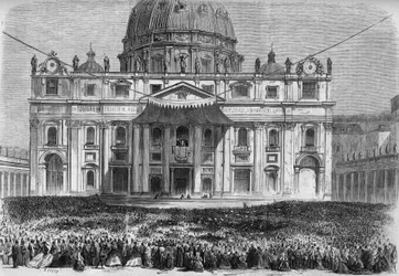 Hellig uge i Rom: udsigt over Peterspladsen i Rom (Piazza San Pietro) under velsignelsen "urbi et orbi" på hellig torsdag og påskesøndag. Indgravering i "" Le Monde Illustré"" nr. 526 af 11. maj 1867.