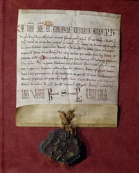 Hyldest til kong Philip II (1165-1223) fra Simon de Montfort (ca. 1160-1218) for de områder, der blev konfiskeret fra Raymond VI (1197-1249) ca. 1216