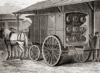 Hestetrukne køretøjer brugt til at transportere komprimeret gas i bærbare beholdere i det 19. århundrede, fra Les Merveilles de la Science, udgivet ca. 1870 (gravering)