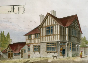 En lille butiksindehavers hus i London-området, illustration fra Le Moniteur des architectes, 1884, indgraveret af Paul Louis Bury (1800-tallet) (farvegravering)