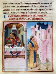 Hvordan afholdenhed er årsagen til mange goder: til venstre en mand, der er et par af grådighed og drikker med exces, og til højre en ædru mand, der nærer dyden og mestrer kødet. Miniature fra "Le livre de bonnes moreurs de Jacques Legrand"