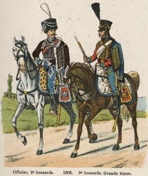 Husarernes 1. vendemiar An XII (24. september 1803): Officer, 2. husarer og 9. husarer i stor kjole i 1806. Tavle fra bogen Les Uniforms de l
