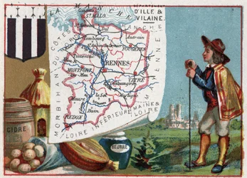 Ille-et-Vilaine (Ille et Vilaine, 35), Bretagne, Frankrig. Cider og smør. Serie om de franske departementer. Chromolithography (Chromo) "" den geografiske tråd"", ca. 1920. Privat samling.