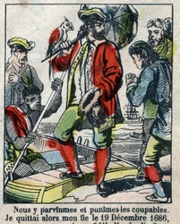 Illustration til Daniel Defoes Bog (De foe) "" Robinson Crusoe"". Epinal billeddannelse fra slutningen af det 19. århundrede.