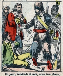 Illustration til Daniel Defoes Bog (De foe) "" Robinson Crusoe"". Epinal billeddannelse fra slutningen af det 19. århundrede.