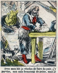 Illustration til Daniel Defoes Bog (De foe) "" Robinson Crusoe"". Epinal billeddannelse fra slutningen af det 19. århundrede.