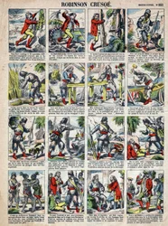 Illustration til Daniel Defoes Bog (De foe) "" Robinson Crusoe"". Epinal billeddannelse fra slutningen af det 19. århundrede.