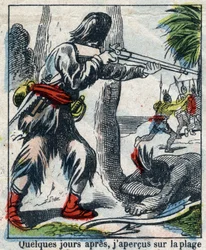 Illustration til Daniel Defoes Bog (De foe) "" Robinson Crusoe"". Epinal billeddannelse fra slutningen af det 19. århundrede.