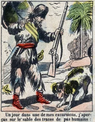 Illustration til Daniel Defoes Bog (De foe) "" Robinson Crusoe"". Epinal billeddannelse fra slutningen af det 19. århundrede.