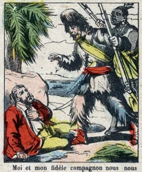 Illustration til Daniel Defoes Bog (De foe) "" Robinson Crusoe"". Epinal billeddannelse fra slutningen af det 19. århundrede.