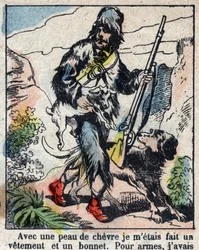 Illustration til Daniel Defoes Bog (De foe) "" Robinson Crusoe"". Epinal billeddannelse fra slutningen af det 19. århundrede.