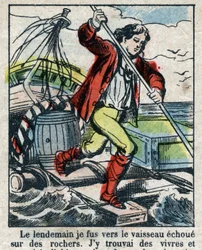 Illustration til Daniel Defoes Bog (De foe) "" Robinson Crusoe"". Epinal billeddannelse fra slutningen af det 19. århundrede.