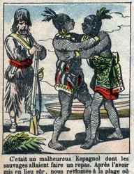 Illustration til Daniel Defoes Bog (De foe) "" Robinson Crusoe"". Epinal billeddannelse fra slutningen af det 19. århundrede.