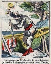 Illustration til Daniel Defoes Bog (De foe) "" Robinson Crusoe"". Epinal billeddannelse fra slutningen af det 19. århundrede.