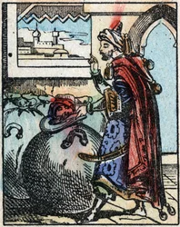 Illustration til fortællingerne om de tusinde og en nat. Ali-Baba (Ali Baba). Trægravering fra Imaging Pellerin - Epinal, sd. Slutningen af det 19. århundrede.