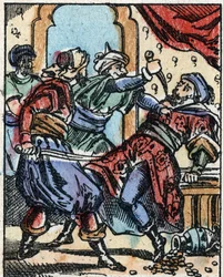 Illustration til fortællingerne om de tusinde og en nat. Ali-Baba (Ali Baba). Trægravering fra Imaging Pellerin - Epinal, sd. Slutningen af det 19. århundrede.
