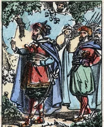 Illustration til Fortællingerne om de tusinde og en nat. Ali-Baba (Ali Baba). Trægravering fra Imaging Pellerin - Epinal, sd. Slutningen af det 19. århundrede.