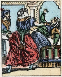 Illustration til fortællingerne om de tusinde og en nat. Ali-Baba (Ali Baba). Trægravering fra Imaging Pellerin - Epinal, sd. Slutningen af det 19. århundrede.