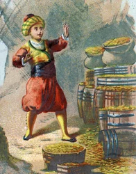 Illustration til fortællingerne om de tusinde og en nat. Ali Baba (Ali-Baba) går ind i klippen og siger: Sesam åbner dig og ser guldtønder. Kromolitografi omkring 1890.